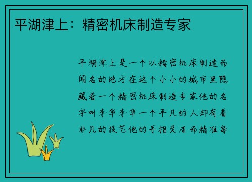平湖津上：精密机床制造专家